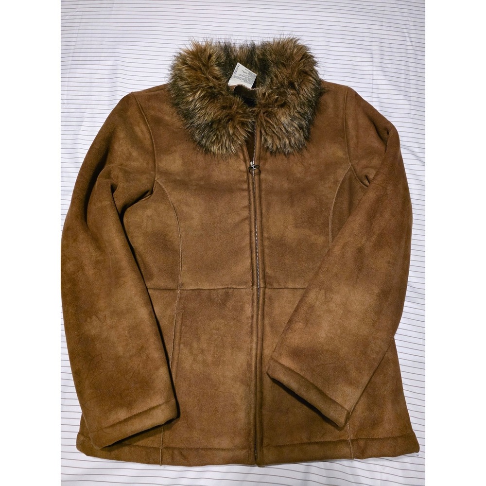 1179 White Stag Faux Suede Fur Collar Zip Up Jacket Bronze Brown M 8/10